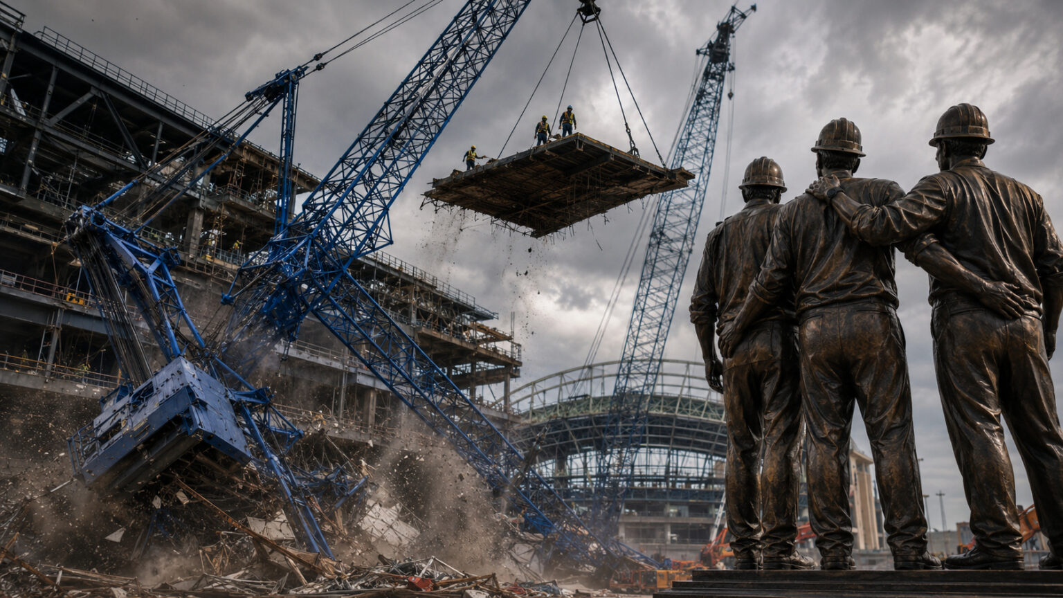 guindaste-desabou-ao-icar-teto-de-mais-de-450-toneladas-durante-construcao-de-estadio-nos-estados-unidos,-matou-tres-operarios-em-queda-de-quase-90-metros,-atrasou-inauguracao-por-um-ano-e-levou-arena-a-erguer-estatuas-de-trabalhadores-no-lugar-de-jogador