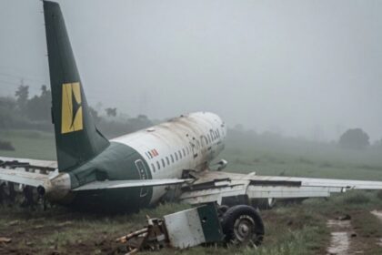 embraer-170-sai-da-pista-sob-chuva,-para-na-grama-e-fica-severamente-danificado;-aviao-transportava-68-pessoas-e-acidente-mobiliza-investigacao-na-nigeria