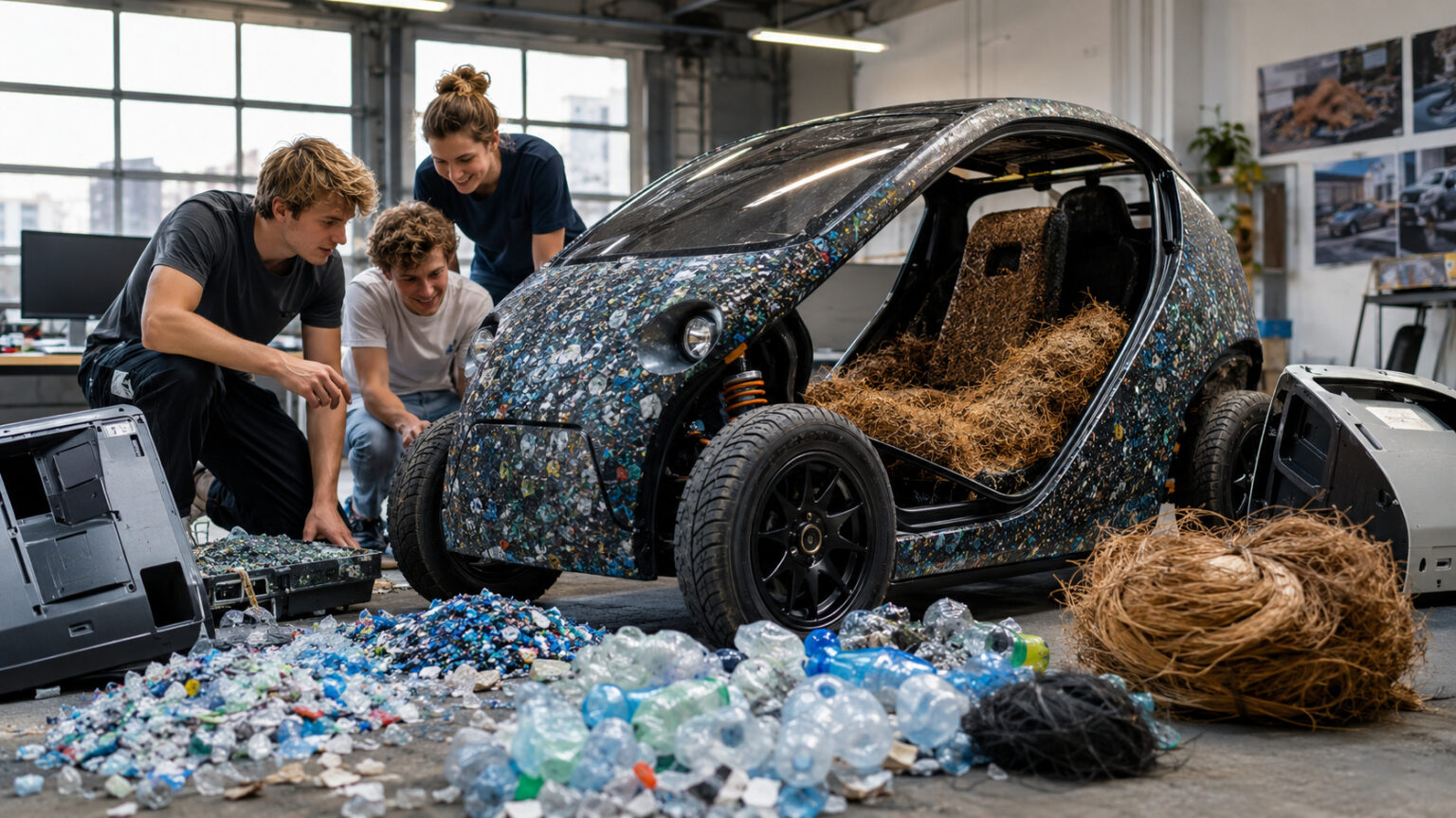 incomodados-com-o-volume-de-lixo-que-termina-nos-oceanos-e-aterros,-estudantes-holandeses-criaram-um-carro-eletrico-de-420-quilos-com-plastico-oceanico,-televisores-descartados,-coco-e-crina-de-cavalo,-capaz-de-rodar-cerca-de-220-quilometros