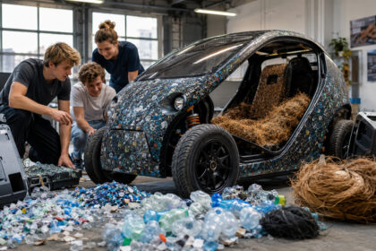 incomodados-com-o-volume-de-lixo-que-termina-nos-oceanos-e-aterros,-estudantes-holandeses-criaram-um-carro-eletrico-de-420-quilos-com-plastico-oceanico,-televisores-descartados,-coco-e-crina-de-cavalo,-capaz-de-rodar-cerca-de-220-quilometros