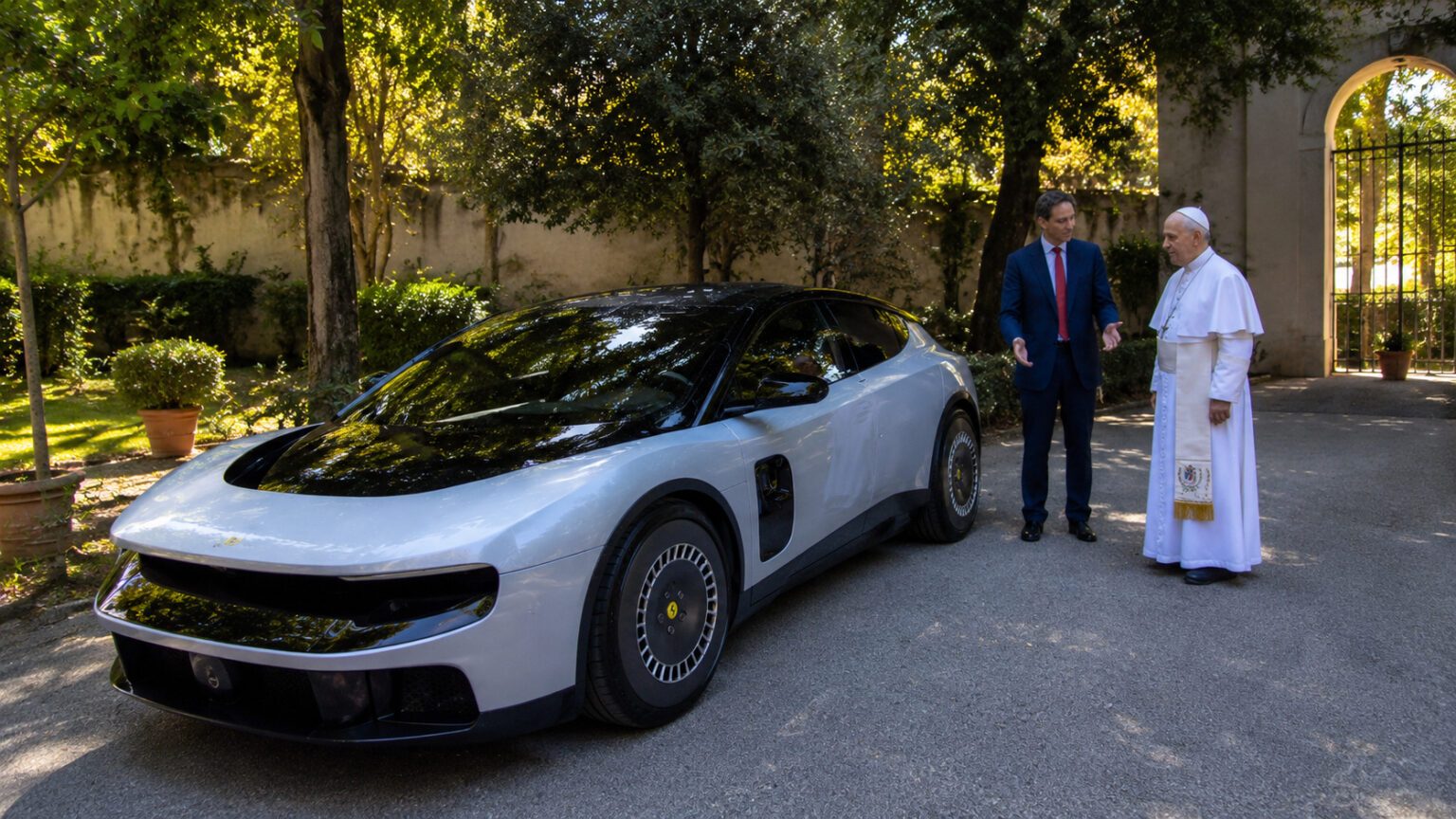 papa-leao-xiv-conhece-ferrari-luce,-senta-no-banco-do-motorista,-ganha-volante-e-ve-o-eletrico-de-r$-3,2-milhoes-que-dividiu-opinioes-no-mundo-dos-supercarros