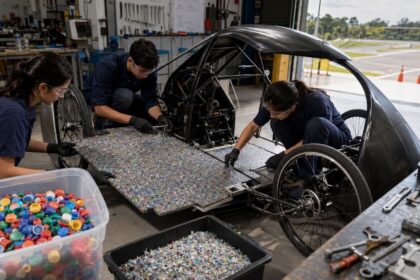 estudantes-mineiros-transformam-tampinhas-recolhidas-na-universidade-em-plastico-triturado-e-moldado-para-fabricar-o-assoalho-de-um-carro-experimental,-levam-o-prototipo-as-pistas-e-testam-na-pratica-se-uma-solucao-reciclavel,-leve-e-resistente-consegue-p
