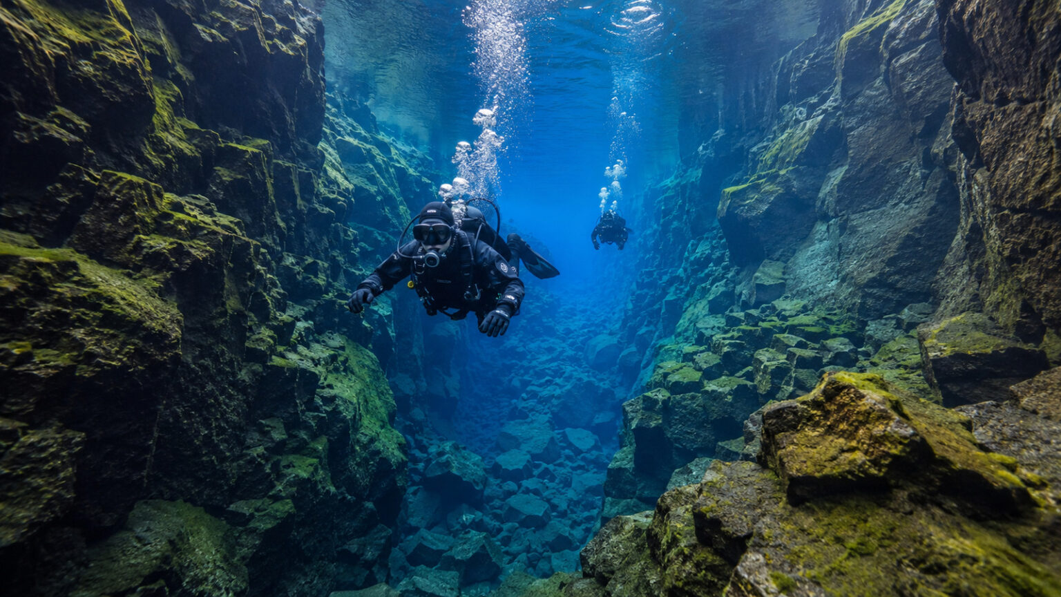 em-agua-quase-congelante,-mergulhadores-atravessam-a-fissura-de-silfra-e-veem-paredoes-a-mais-de-100-metros-entre-duas-placas-tectonicas