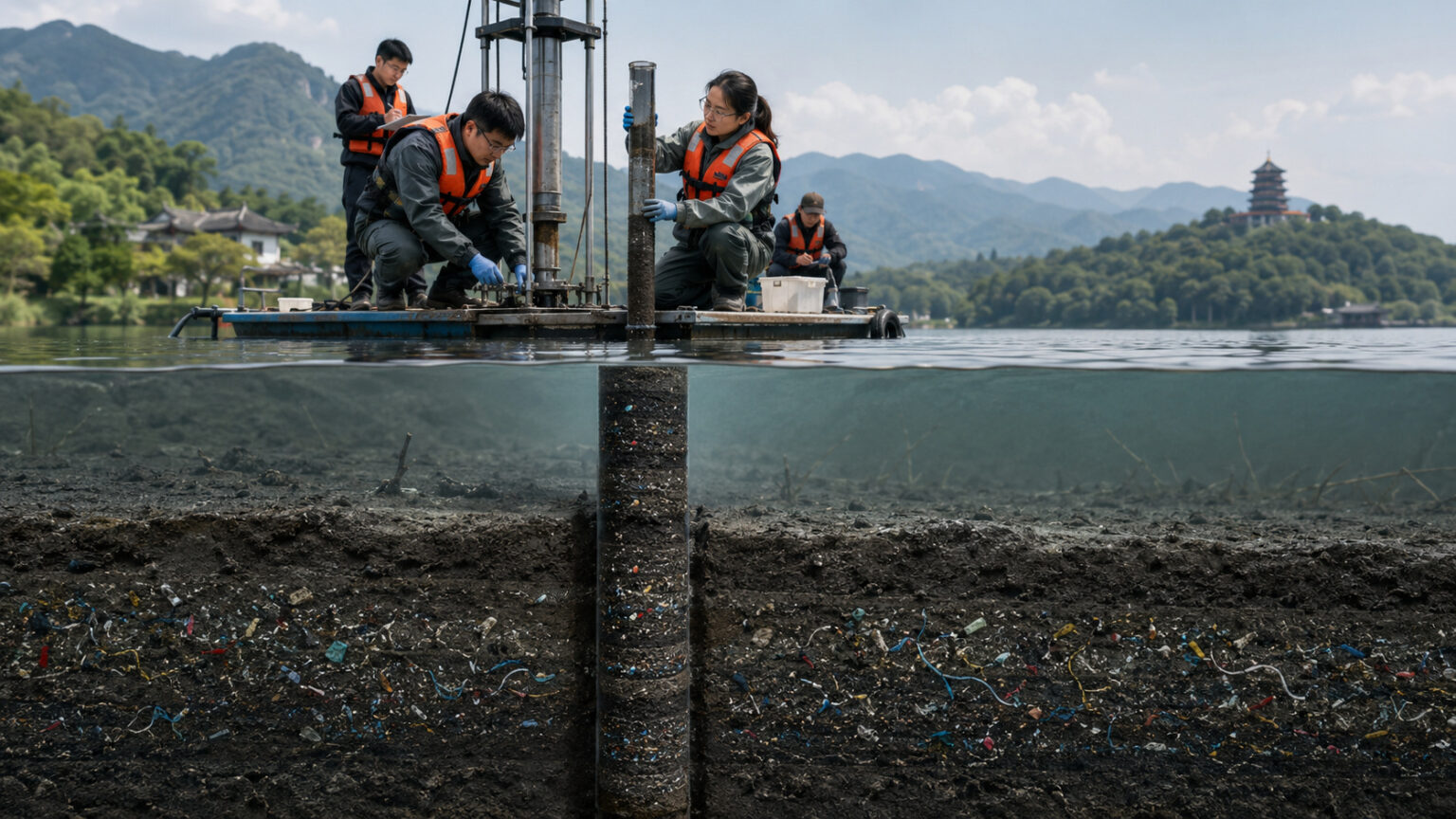 cientistas-perfuram-lago-na-china-e-descobrem-mais-de-50-anos-de-microplasticos-enterrados-na-lama,-revelando-como-fibras-e-particulas-invisiveis-acompanham-a-humanidade-desde-o-inicio-da-era-do-plastico-moderno