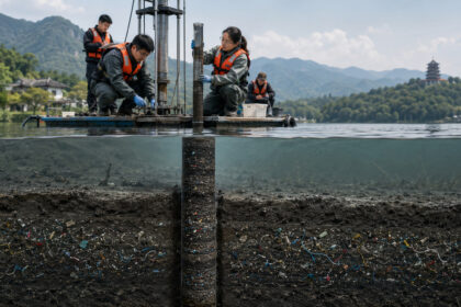 cientistas-perfuram-lago-na-china-e-descobrem-mais-de-50-anos-de-microplasticos-enterrados-na-lama,-revelando-como-fibras-e-particulas-invisiveis-acompanham-a-humanidade-desde-o-inicio-da-era-do-plastico-moderno
