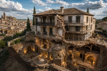 obrigados-a-consertar-a-fachada-que-ameacava-cair-de-um-casarao-em-toledo,-na-espanha,-os-donos-descobriram-que-a-casa-fora-erguida-em-cima-de-um-banho-arabe-medieval-inteiro,-com-salas-abobadadas-e-forno,-do-seculo-xiii