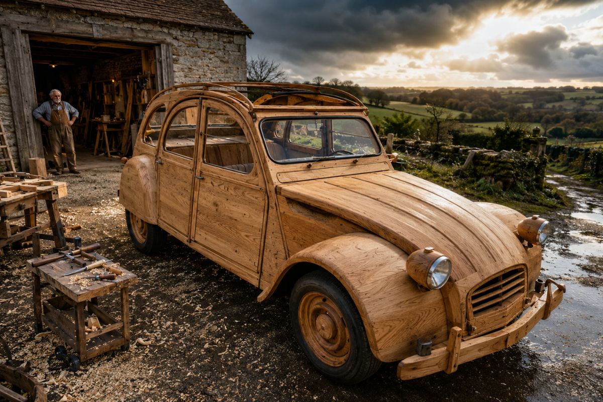 sem-industria-por-tras-e-trabalhando-sozinho-na-oficina-de-casa,-um-marceneiro-aposentado-frances-esculpiu-durante-5-anos-e-5-mil-horas-um-citroen-2cv-inteiro-de-madeira,-com-motor-a-gasolina,-que-roda-a-80-km/h-e-foi-leiloado-por-224-mil-dolares