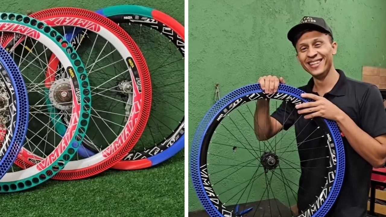 pneus-de-bicicleta-sem-ar-sao-impressos-em-3d-por-brasileiros-apos-dois-meses-de-testes,-usam-tpu-em-quatro-formatos-e-rodam-sobre-pedras,-agua,-pregos-e-faca-sem-murchar,-enquanto-modelo-em-seta-se-mostra-o-mais-eficiente-em-resistencia-e-amortecimento-d