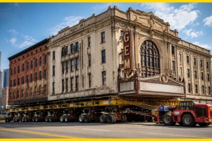 em-vez-de-demolir-teatro-historico-de-2.750-toneladas-para-abrir-espaco-a-um-novo-estadio,-engenheiros-colocaram-o-edificio-inteiro-sobre-72-plataformas-com-rodas,-moveram-a-estrutura-por-563-metros-entre-as-ruas-de-detroit-e-preservaram-saloes,-palco-e-f