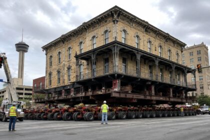 em-vez-de-demolir-hotel-historico-de-1.450-toneladas-que-ocupava-o-espaco-de-um-novo-complexo,-engenheiros-ergueram-a-construcao-sobre-36-plataformas-hidraulicas-com-288-pneus,-puxaram-tudo-por-seis-quarteiroes-durante-seis-dias-e-colocaram-o-predio-intei