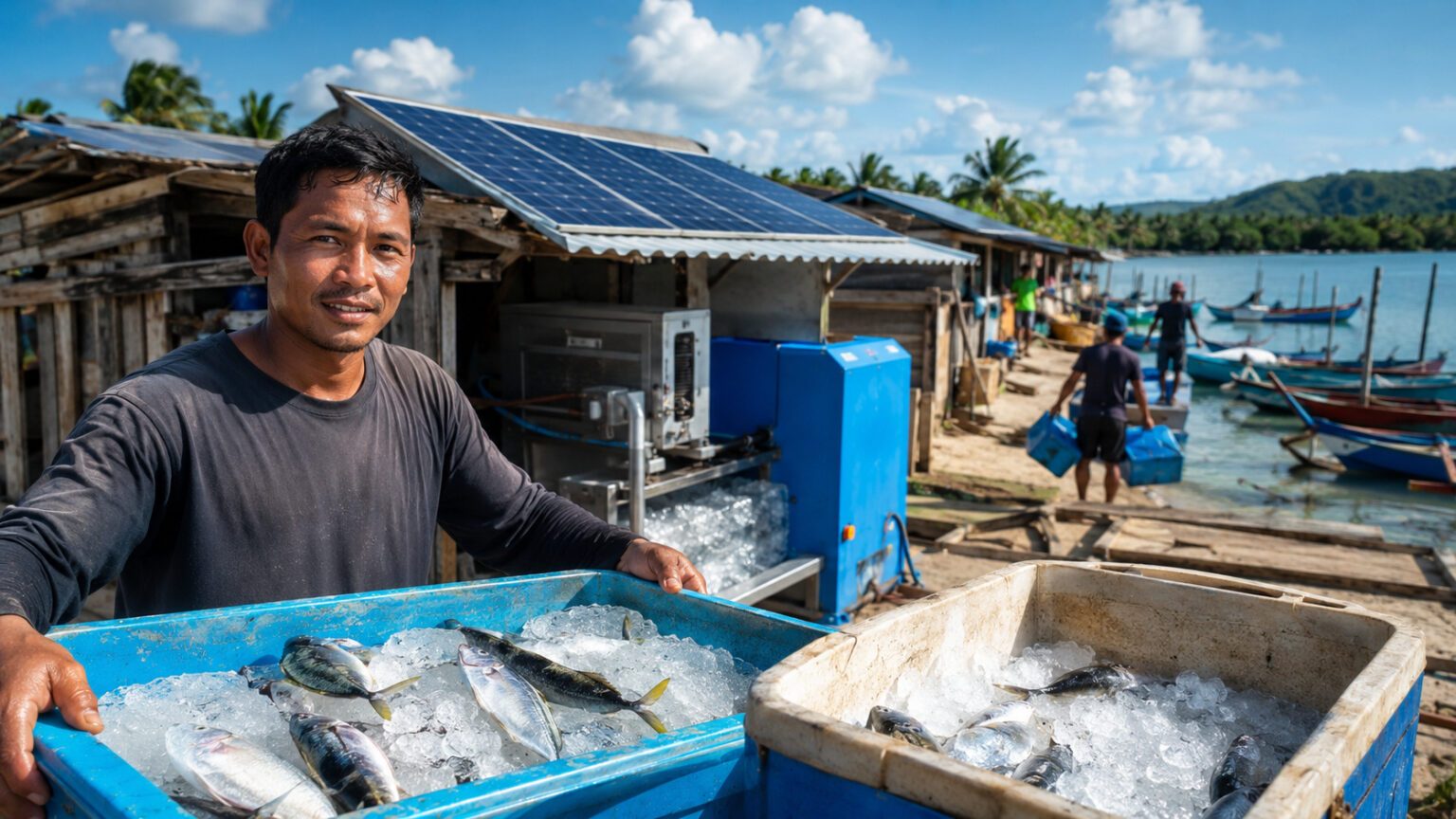 pescadores-sem-rede-eletrica-passam-a-usar-energia-solar,-fabricam-quase-1-tonelada-de-gelo-por-dia-e-impedem-que-o-peixe-estrague-antes-de-chegar-ao-mercado