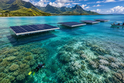 perto-de-corais-ameacados-pelo-calor-do-mar,-quatro-plataformas-solares-flutuantes-foram-instaladas-na-polinesia-francesa-para-testar-se-sombra-artificial-pode-ajudar-recifes-vulneraveis