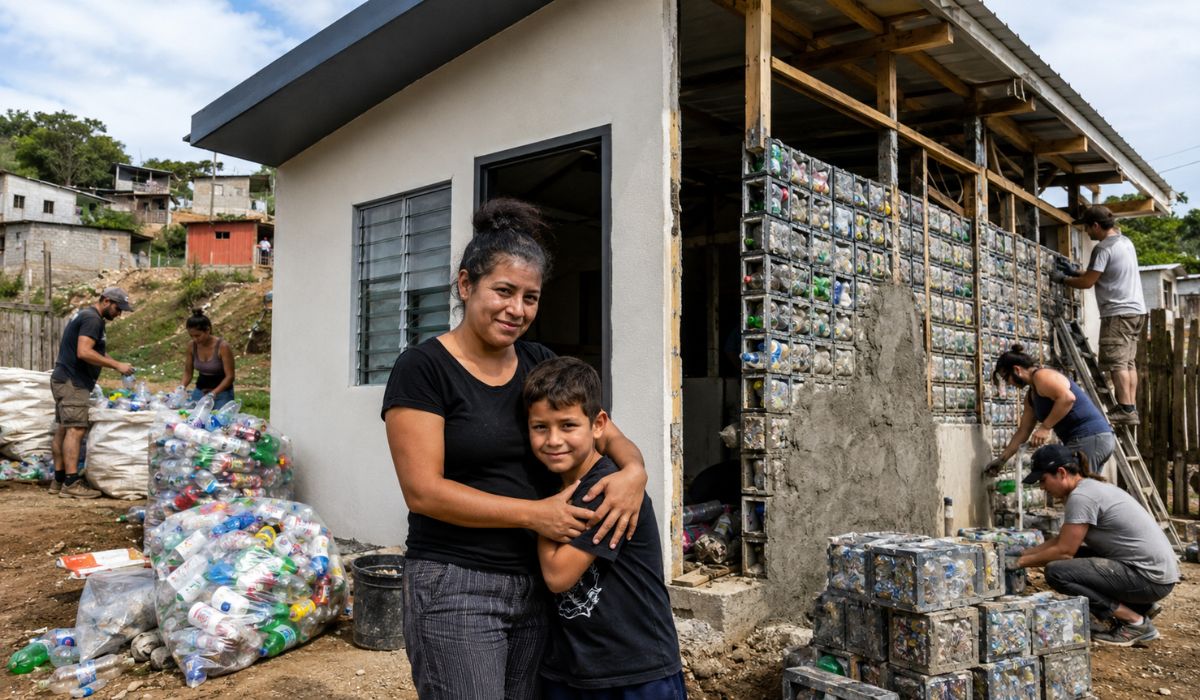 depois-de-economizar-por-nove-anos-para-comprar-um-terreno,-mae-recebe-na-costa-rica-uma-casa-construida-com-blocos-encaixaveis-feitos-de-cerca-de-sete-toneladas-de-garrafas-e-embalagens-plasticas,-erguida-com-800-horas-de-trabalho-voluntario-para-ela-e-o