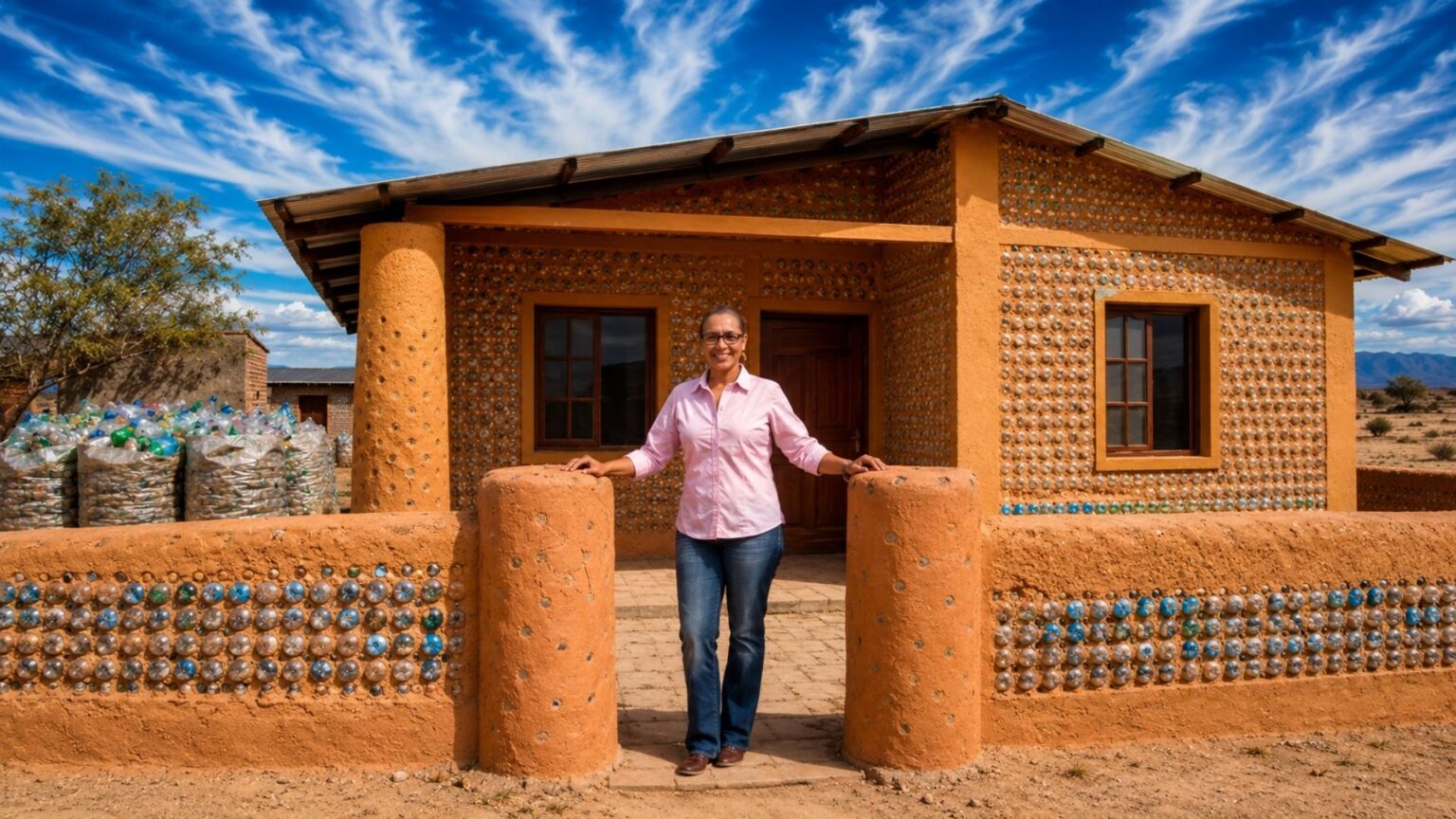 depois-de-o-marido-brincar-que-ela-conseguiria-construir-uma-casa-com-tanta-tralha-guardada,-uma-advogada-boliviana-encheu-36-mil-garrafas-pet-de-residuo,-ergueu-com-elas-um-imovel-de-170-metros-quadrados-e-ja-levantou-300-moradias-em-cinco-paises