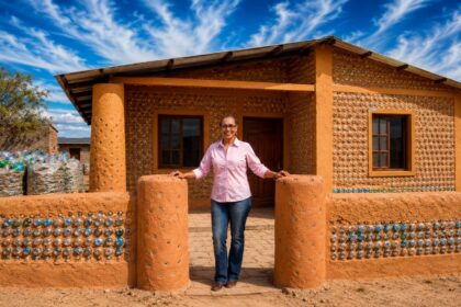 depois-de-o-marido-brincar-que-ela-conseguiria-construir-uma-casa-com-tanta-tralha-guardada,-uma-advogada-boliviana-encheu-36-mil-garrafas-pet-de-residuo,-ergueu-com-elas-um-imovel-de-170-metros-quadrados-e-ja-levantou-300-moradias-em-cinco-paises