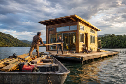 para-morar-onde-carros-nao-chegam,-casal-transportou-materiais-pelo-lago,-trabalhou-todos-os-dias-durante-dois-meses-e-construiu-casa-flutuante-de-33-m²-por-cerca-de-us$-90-mil
