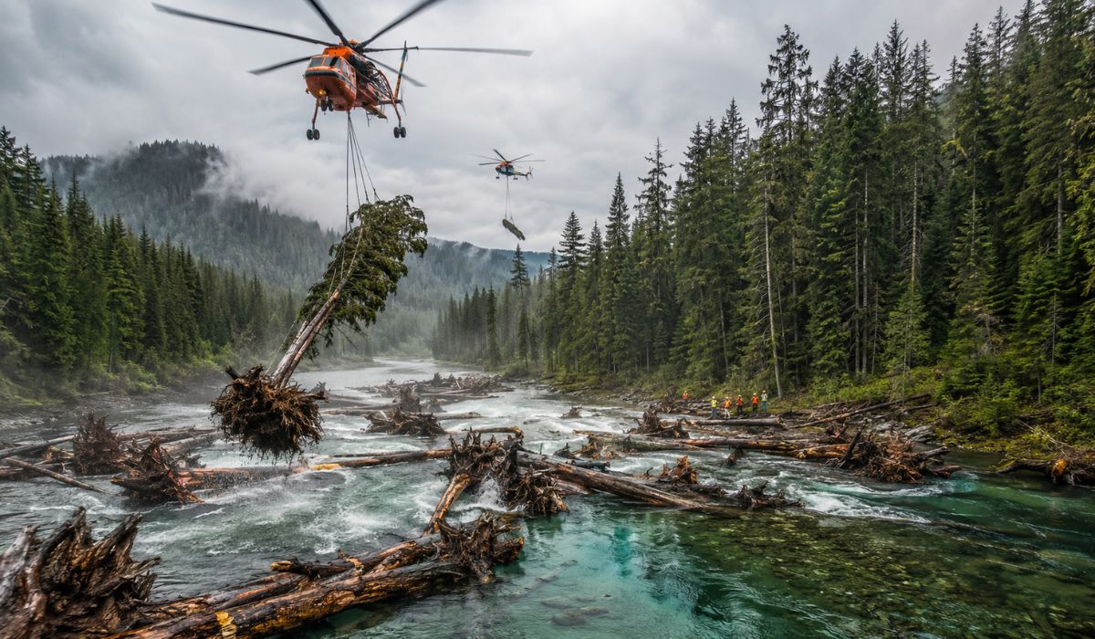 helicopteros-cruzaram-o-ceu-por-cinco-dias-para-lancar-mais-de-900-arvores-inteiras-dentro-de-5,6-km-de-rio,-montar-90-enormes-muralhas-de-troncos-e-transformar-a-correnteza-em-pocos-e-esconderijos-capazes-de-devolver-abrigo-a-salmoes-e-trutas