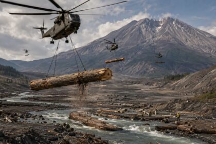 helicopteros-farao-mais-de-100-voos-por-dia-durante-tres-semanas-para-carregar-pelo-ceu-e-despejar-ate-3-mil-troncos-gigantes-de-nove-metros-no-rio-devastado-pelo-monte-st.-helens,-redesenhar-canais-destruidos-pela-erupcao-e-devolver-abrigo-a-seis-populac