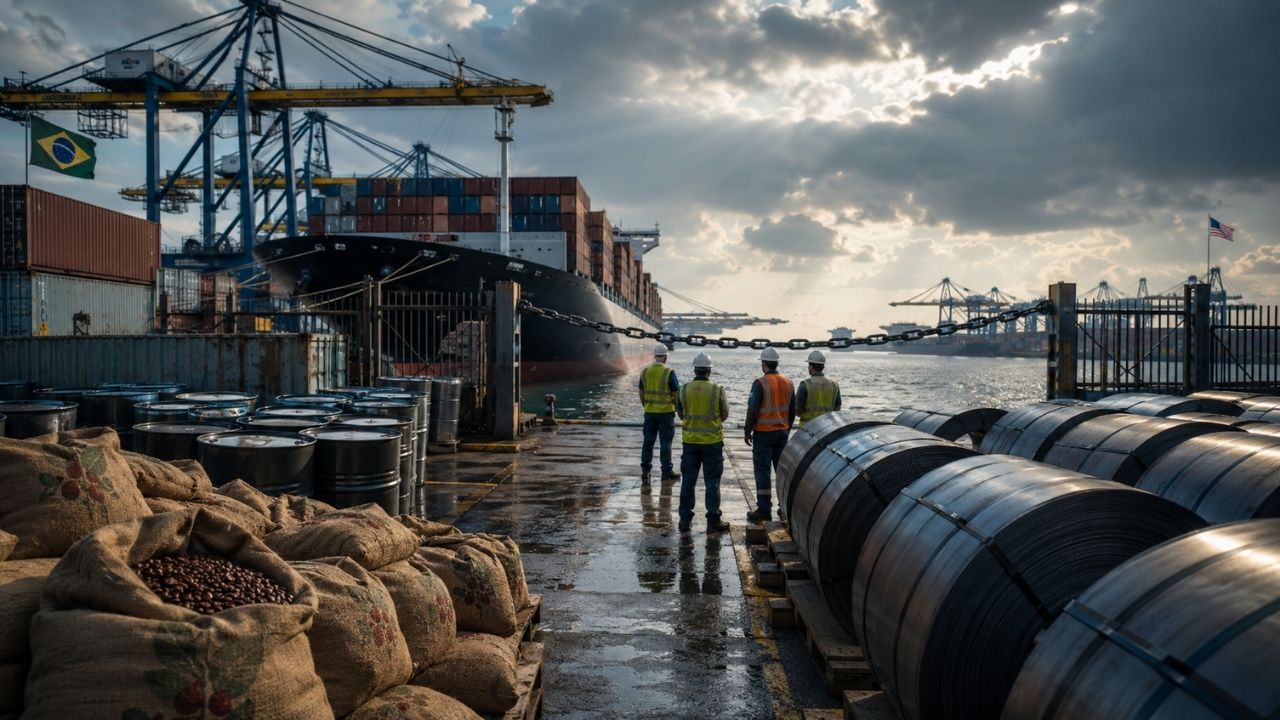 tarifaco-dos-estados-unidos-pressiona-exportacoes-brasileiras,-que-caem-13%-e-somam-us$-17,4-bilhoes-no-primeiro-semestre-de-2026,-enquanto-participacao-dos-eua-recua-a-9,4%,-menor-nivel-desde-1997,-com-perdas-concentradas-em-cafe,-petroleo-e-aco-e-novas