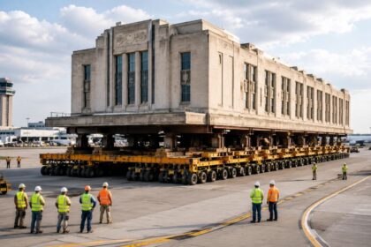 em-vez-de-demolir-predio-art-deco-de-9.000-toneladas-considerado-o-primeiro-terminal-de-passageiros-do-mundo,-engenheiros-dividiram-a-construcao-em-tres-blocos,-colocaram-a-parte-central-sobre-200-plataformas-com-pneus-e-moveram-tudo-por-1,1-quilometro-de
