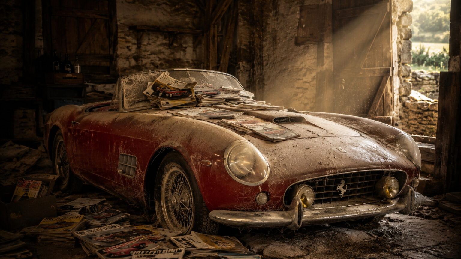 homem-guarda-ferrari-rara-de-1961-sob-poeira-e-montanhas-de-revistas-durante-decadas,-carro-preserva-numeros-correspondentes,-revela-ligacao-com-alain-delon-e-vale-16,288-milhoes-de-euros