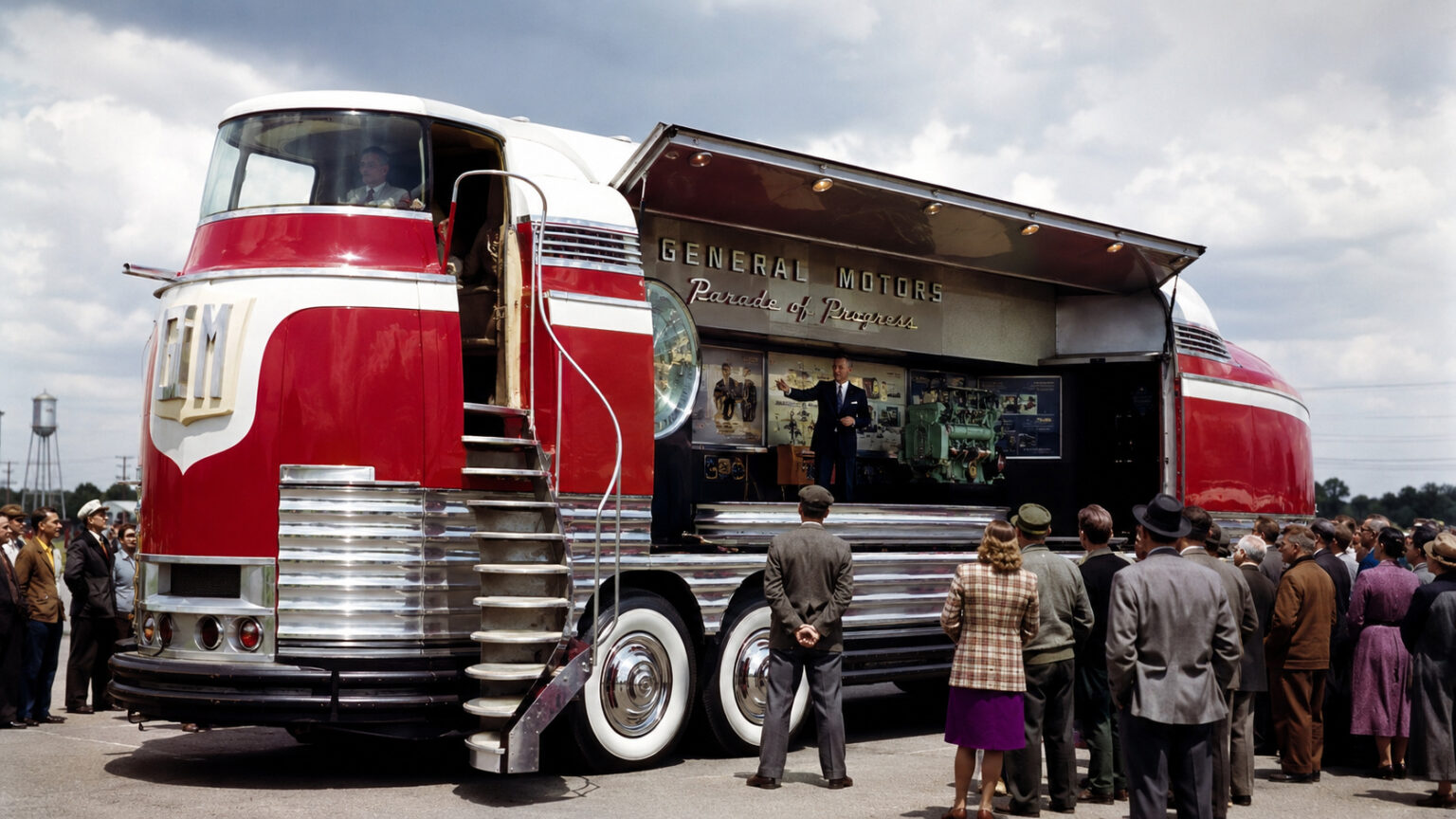general-motors-construiu-12-gigantes-futuristas-de-15-toneladas,-colocou-a-cabine-no-alto-com-acesso-por-escada-em-espiral-e-transformou-portas-laterais-de-cinco-metros-em-palcos-para-levar-ciencia-pelas-estradas