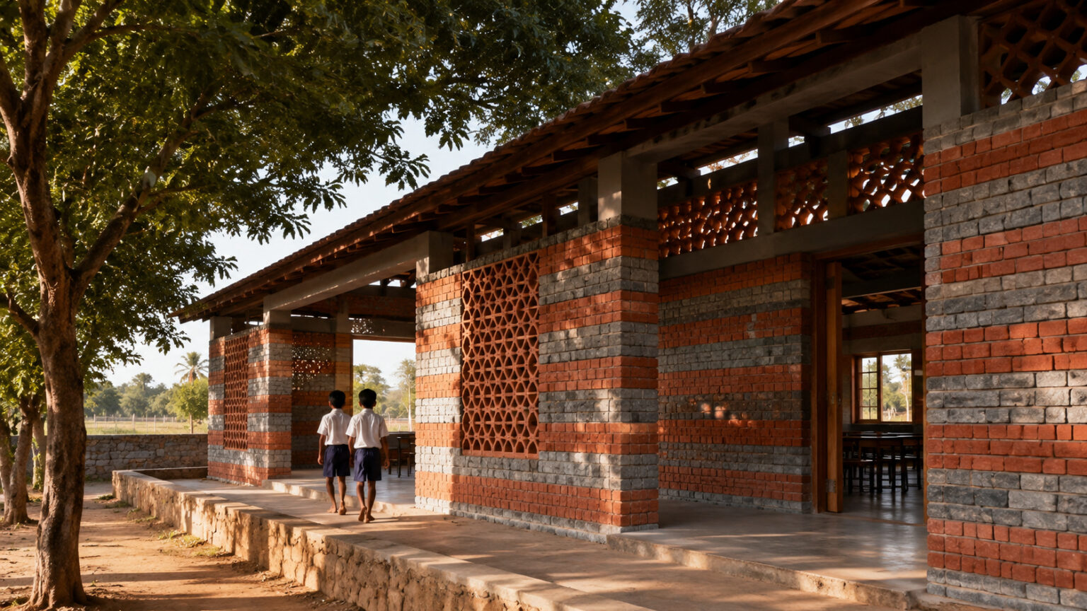 escola-rural-da-india-de-5,1-mil-metros-quadrados-alterna-tijolos-vermelhos-com-pecas-cinzentas-feitas-de-residuo-industrial,-abre-as-paredes-para-expulsar-o-ar-quente-e-transforma-uma-tecnica-antiga-em-solucao-para-salas-mais-frescas