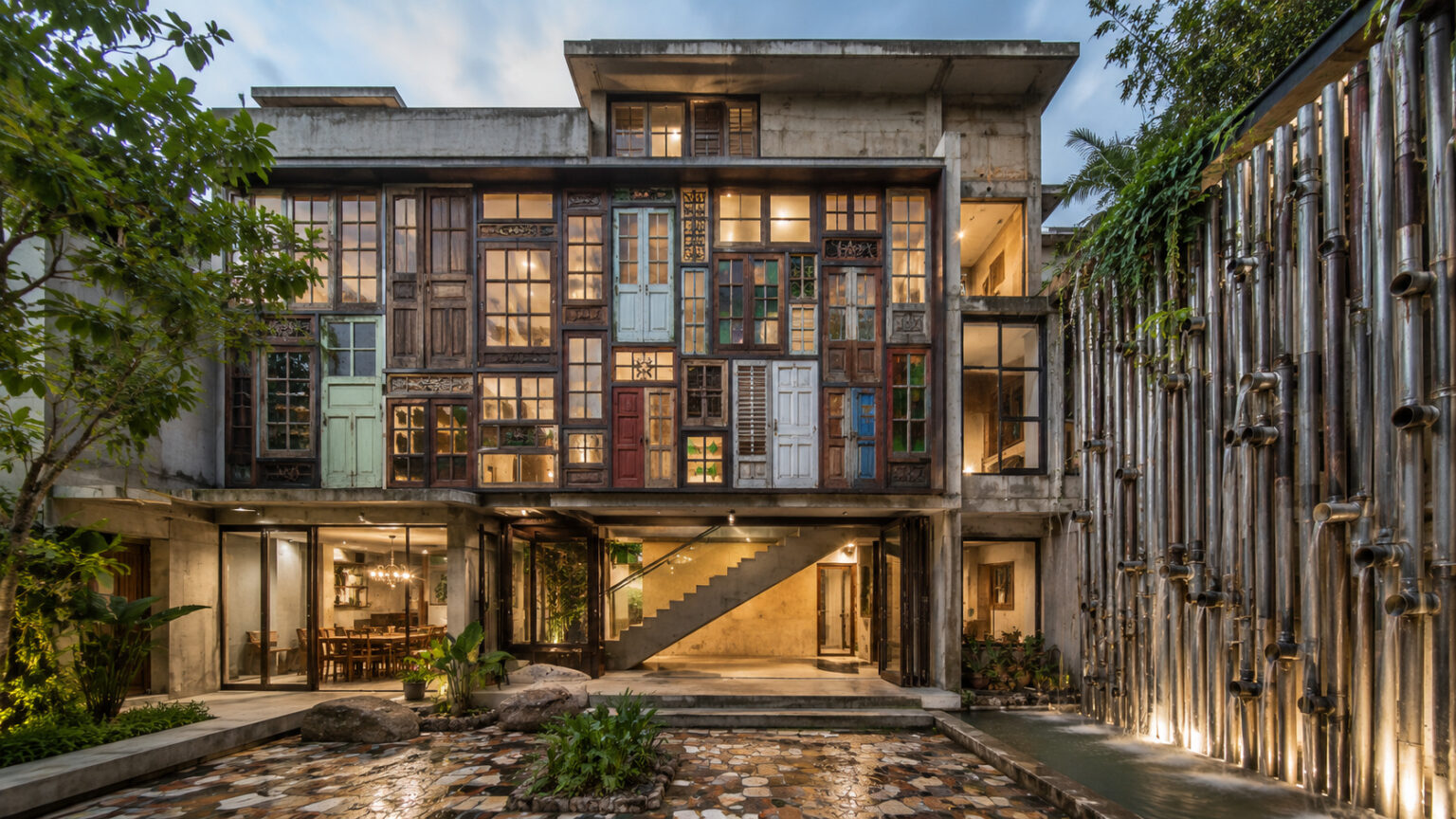 familia-constroi-casa-de-520-m²-na-india-com-portas-e-janelas-retiradas-de-imoveis-demolidos,-monta-fachada-como-quebra-cabeca,-reaproveita-pedras-e-madeiras-e-transforma-sobras-de-tubos-metalicos-em-parede-que-conduz-a-chuva-das-moncoes