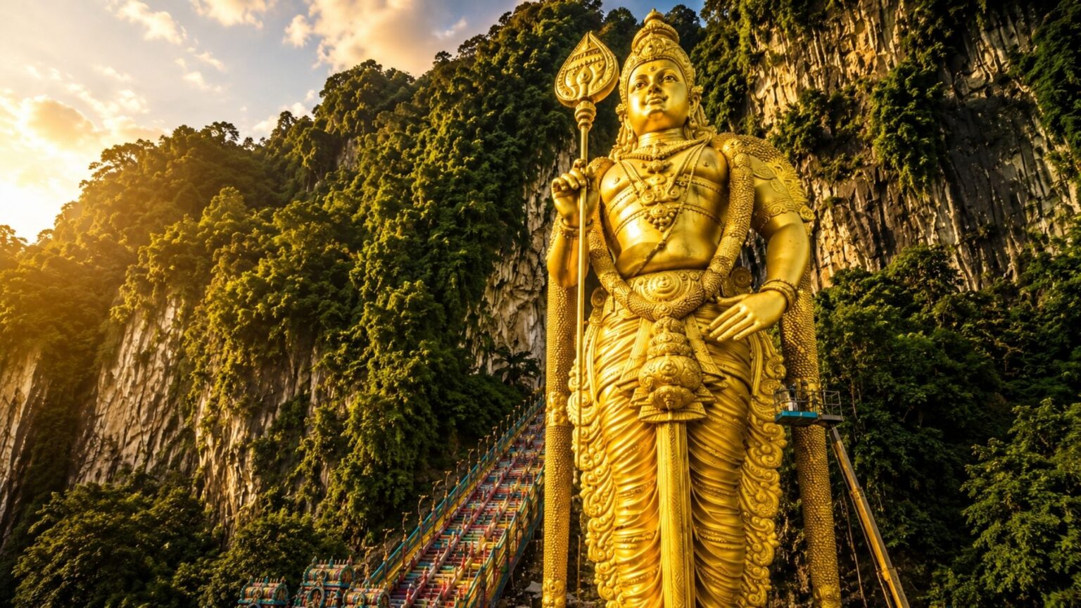 na-entrada-de-uma-caverna-na-malasia,-1.550-metros-cubicos-de-concreto-e-tres-anos-de-obra-viraram-uma-estatua-dourada-de-42,7-metros,-a-maior-do-mundo-dedicada-ao-deus-murugan,-coberta-por-centenas-de-litros-de-tinta-de-ouro